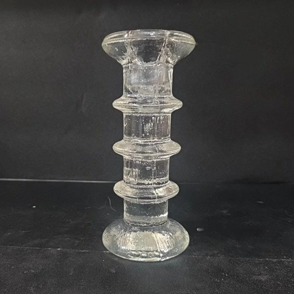 Pukeberg Sweden Three-Ring Pressed Glass Candlestick, Scandinavian Candle Holder